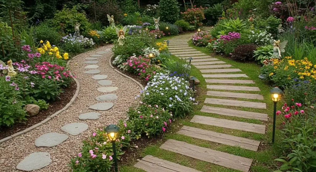 Creative design ideas for fairy pathways, featuring curved and straight options with decorative elements.