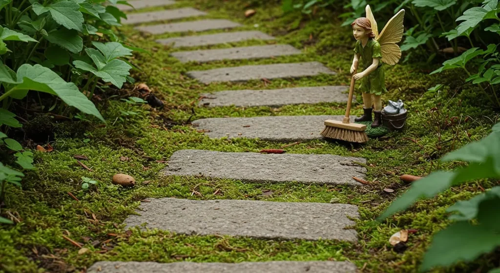 Gardener maintaining a fairy pathway by sweeping away leaves and caring for plants.

