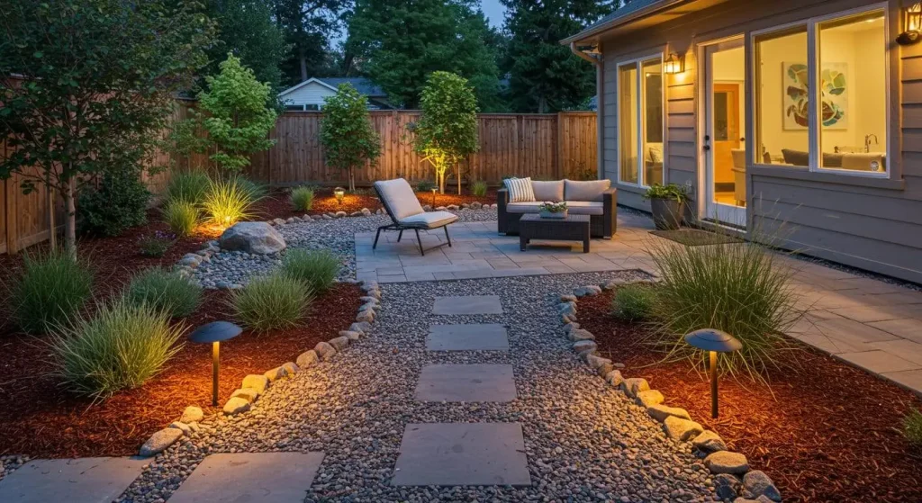 A low-maintenance backyard with drought-tolerant plants, gravel pathways, and a cozy seating area.