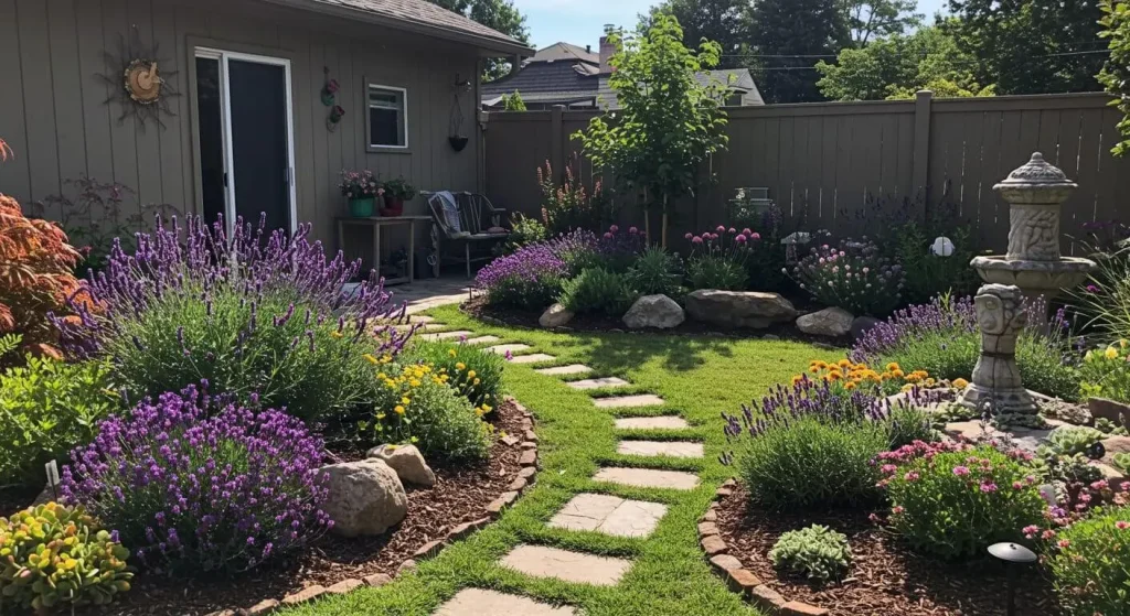 Low-maintenance backyard garden with succulents, lavender, and native plants.