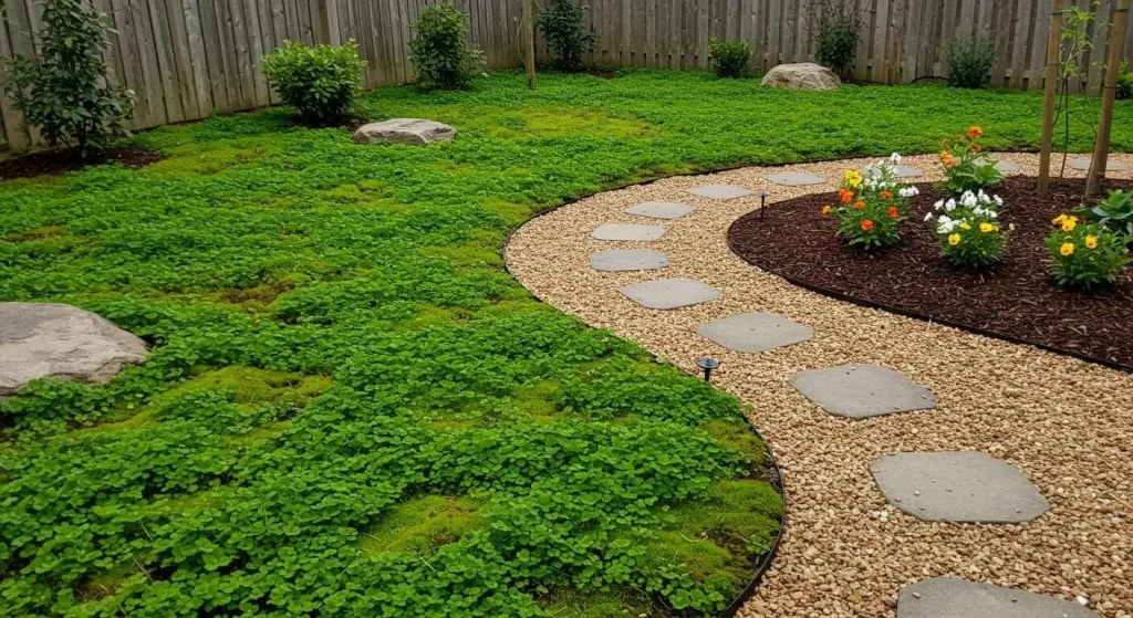 Ground cover options like clover and moss for easy backyard landscaping.
