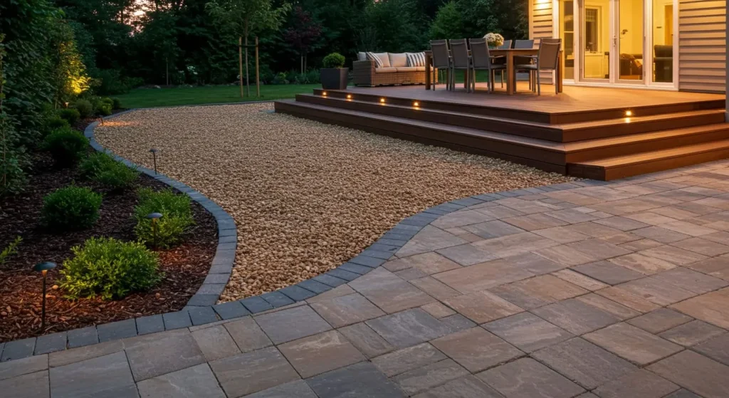  Backyard with stone pavers, gravel pathway, and composite decking for low maintenance.