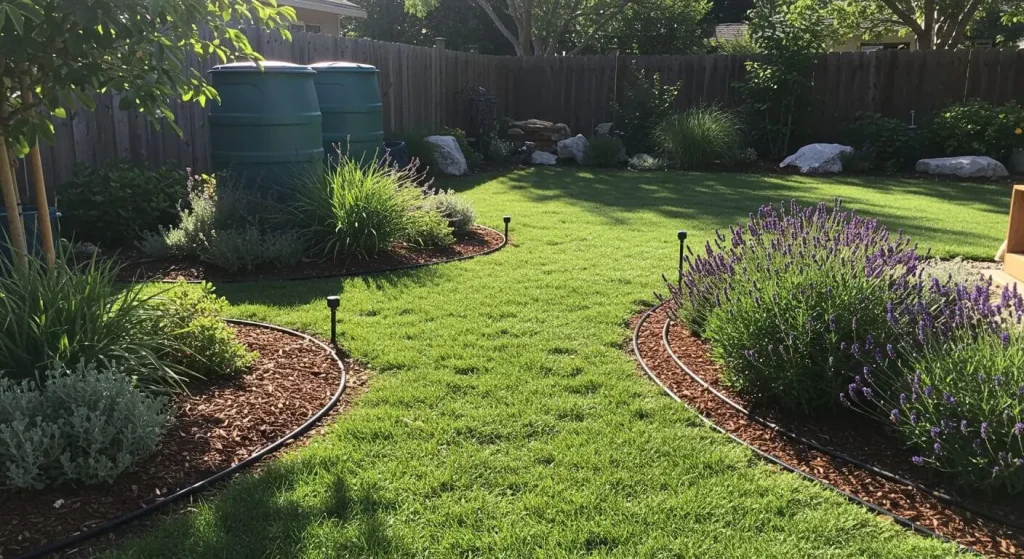 Drip irrigation system and rain barrels for water-saving landscaping.