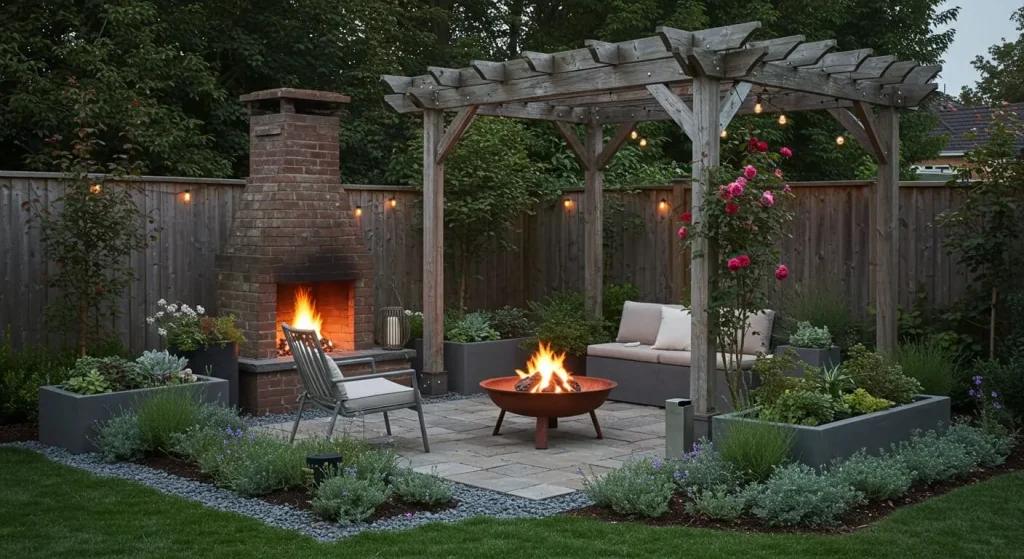 Backyard with a fire pit, pergola, and self-watering planters for low-maintenance aesthetics.