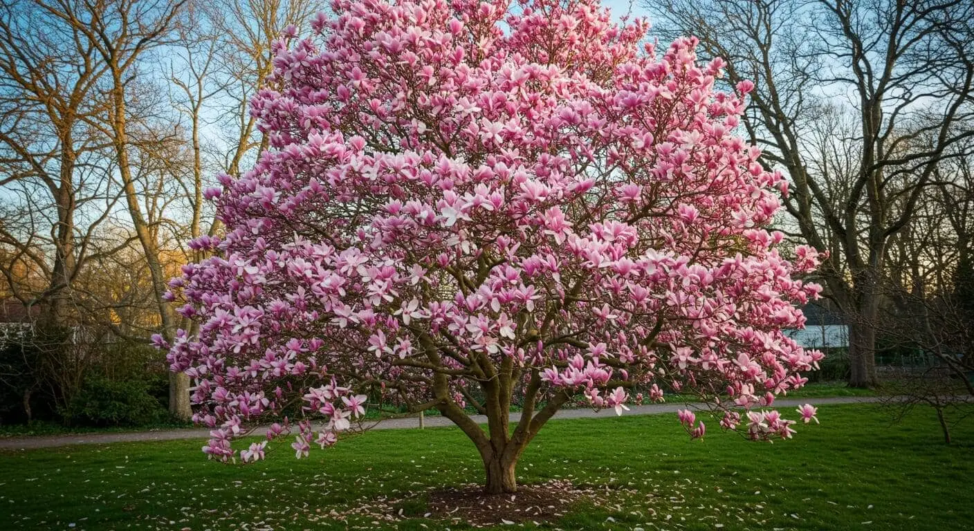 Pink magnolia tree in full bloom with vibrant flowers and lush green surroundings.