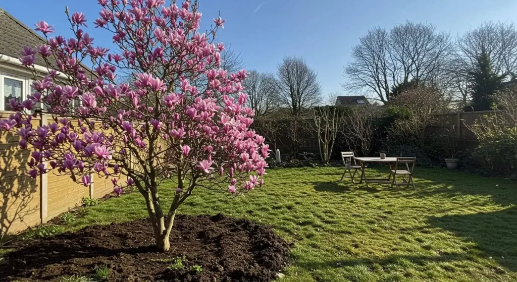 Pink magnolia tree planted in ideal location with full sunlight