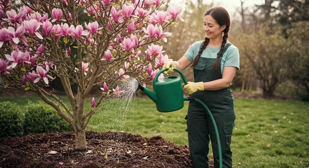 Gardener watering a healthy pink magnolia tree with rich soil