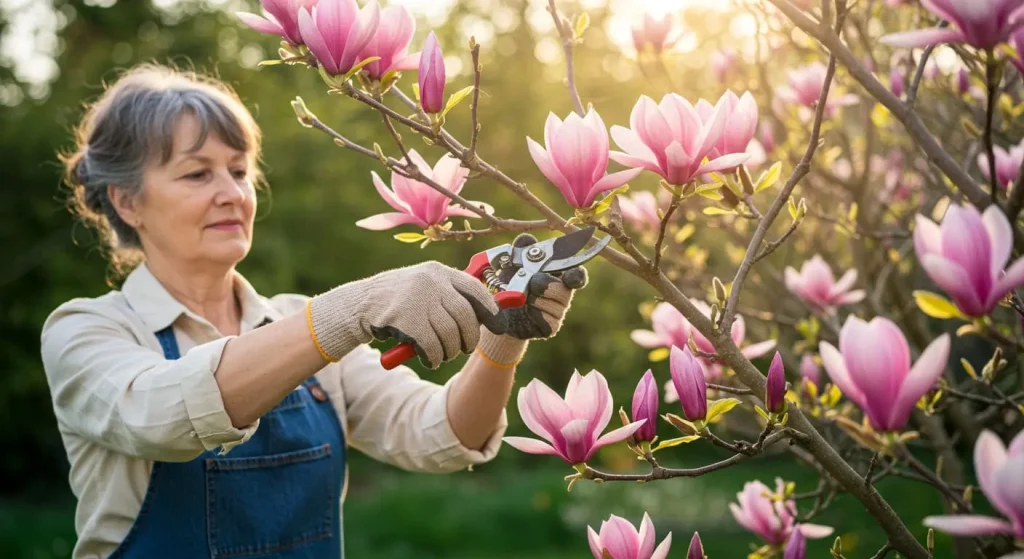 Person pruning a pink magnolia tree for shaping and health