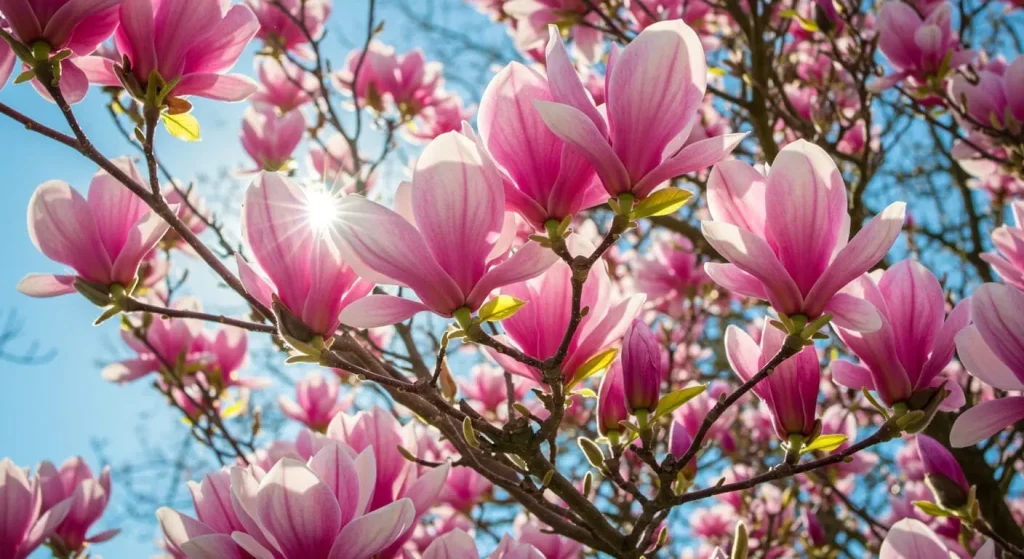 Pink magnolia tree in full bloom showcasing vibrant flowers