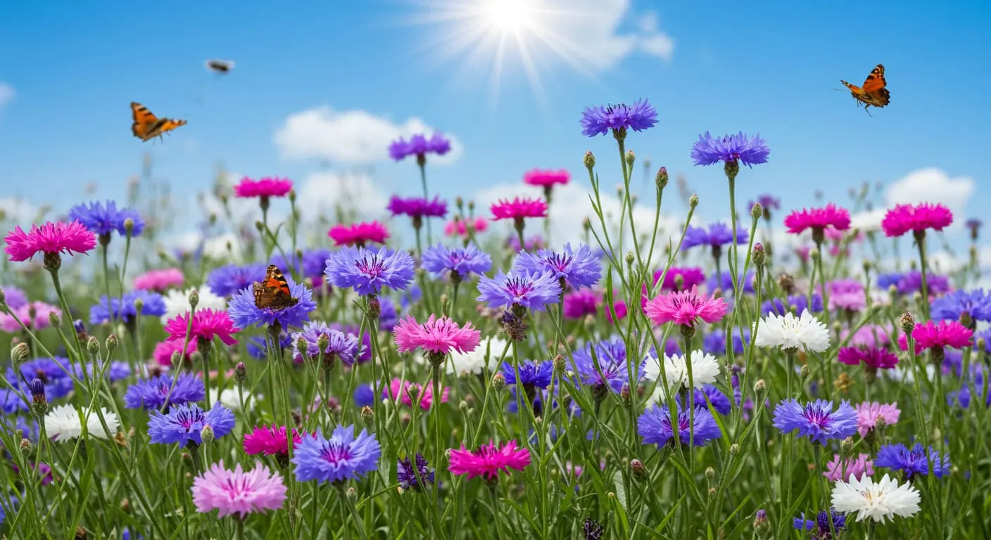 Close-up of colorful Bachelor Buttons (Centaurea cyanus) blooming in a sunlit garden with butterflies and bees hovering around.