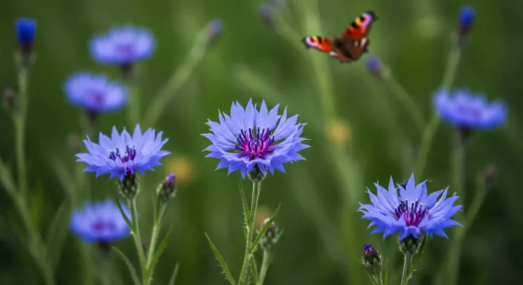 Close-up of blue Bachelor Buttons blooming in a green meadow with a butterfly nearby.