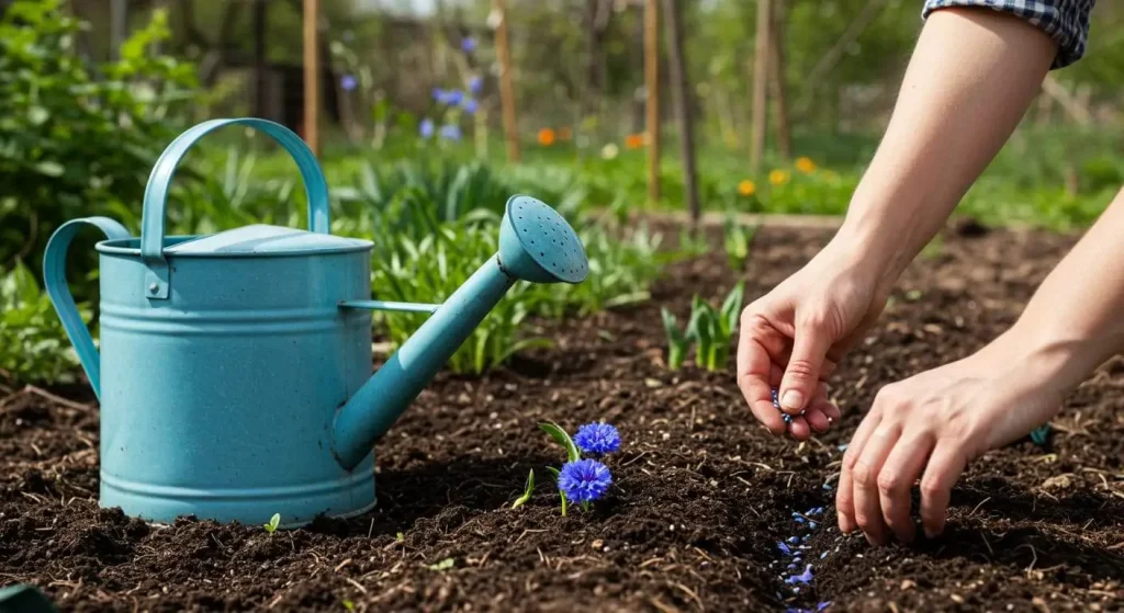 Hands planting Bachelor Button seeds in soil with a watering can nearby.