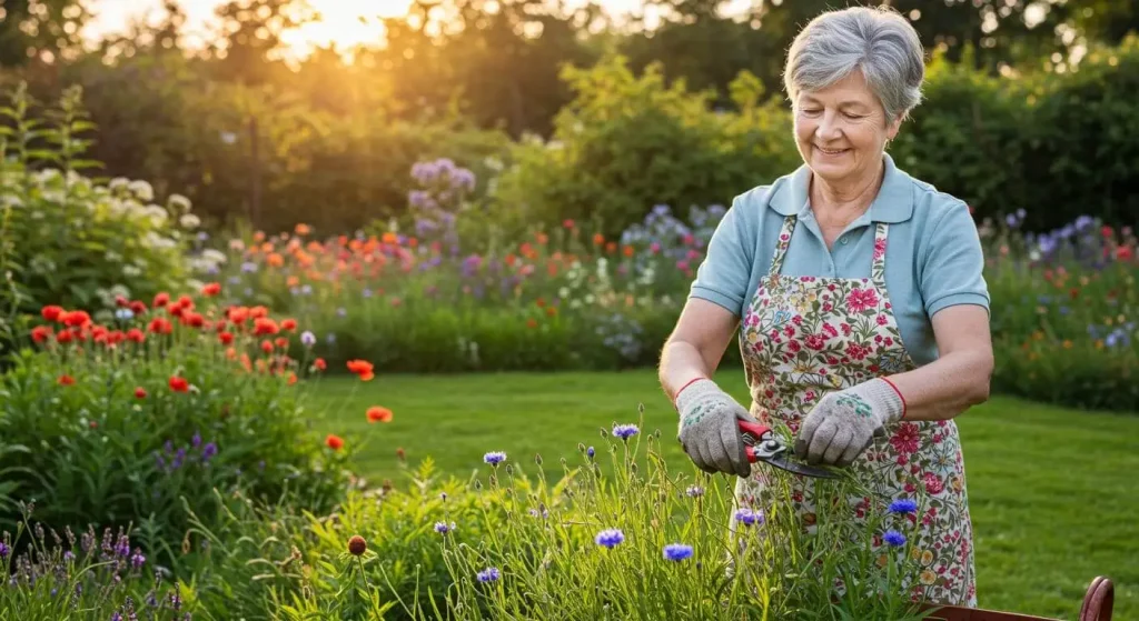 A gardener deadheading Bachelor Button flowers with pruning shears.