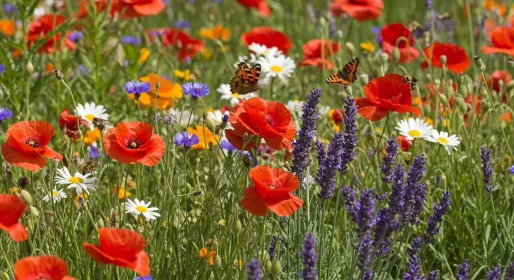 Bachelor Buttons growing alongside daisies, poppies, and lavender in a pollinator-friendly garden.