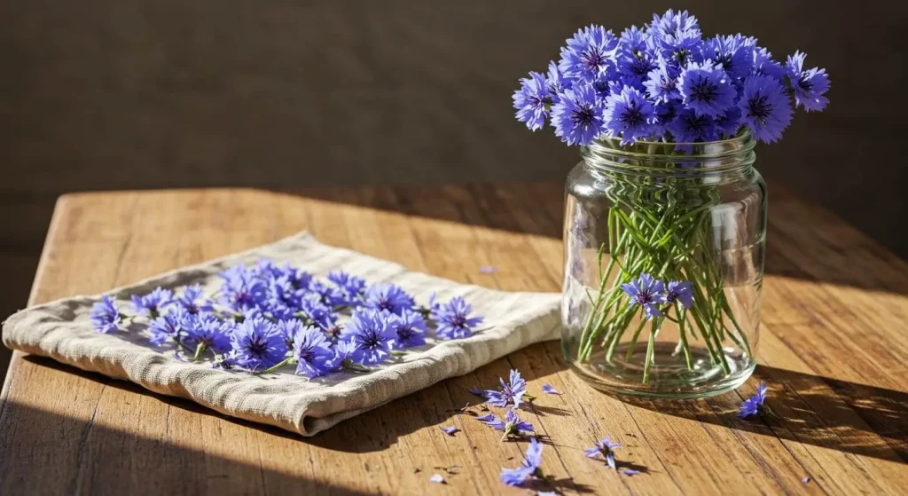 Freshly harvested Bachelor Buttons in a glass jar on a rustic wooden table.