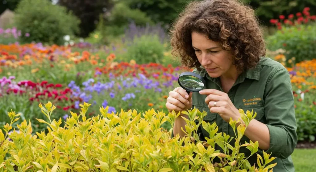 A gardener examining a Bachelor Button plant for pests and yellowing leaves.