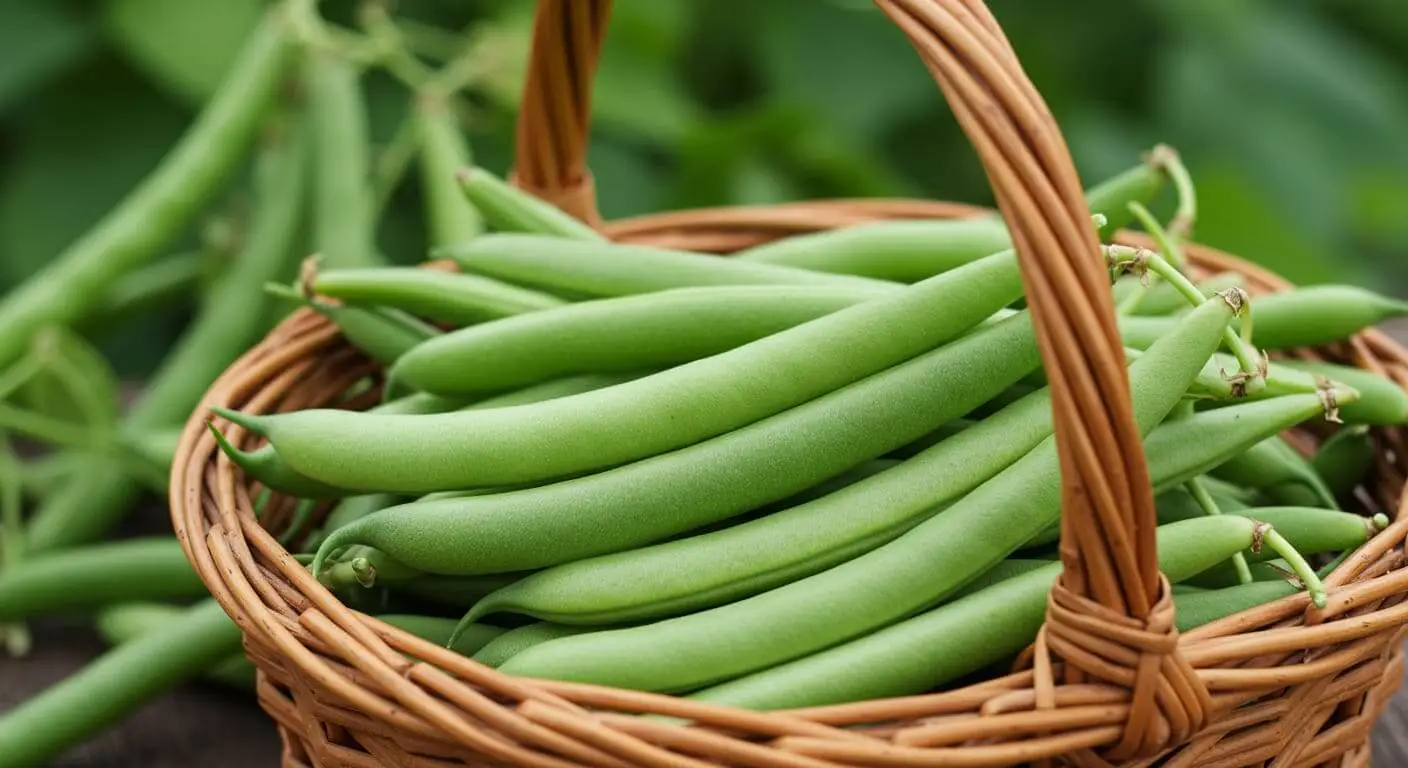 Freshly harvested bush beans in a wicker basket, highlighting their green pods.