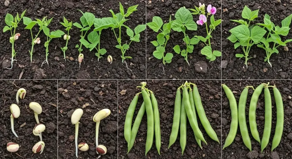 Time-lapse sequence of bush bean growth stages from seedling to pod formation.

