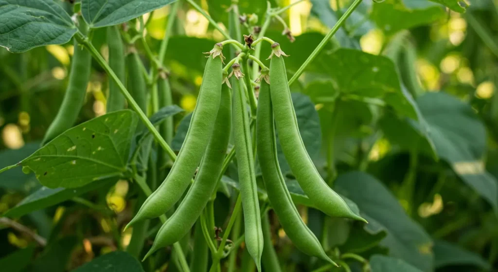 Mature bush beans with ripe pods, ready for harvest.

