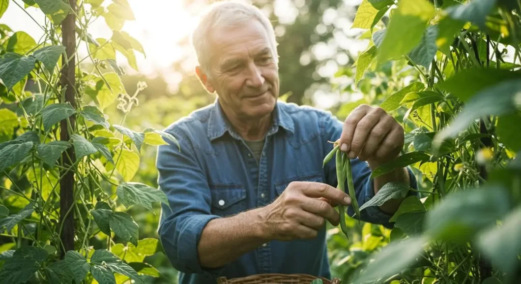 Hand-picking bush beans without damaging the plant.

