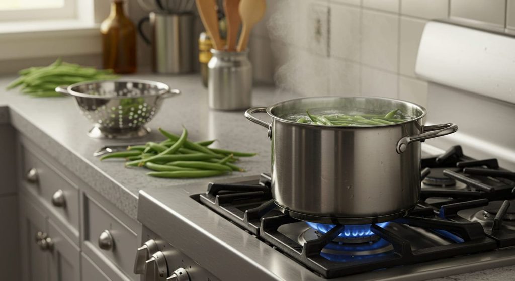 Blanching bush beans for freezing to preserve freshness.

