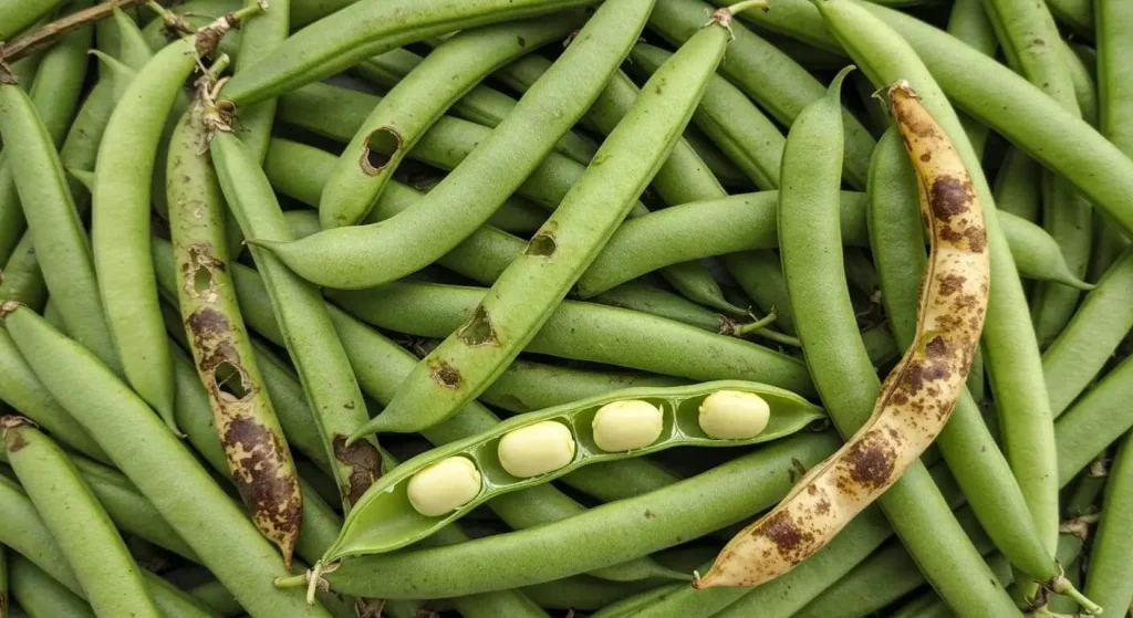 Damaged bush bean pods showing signs of pests and overripe beans.

