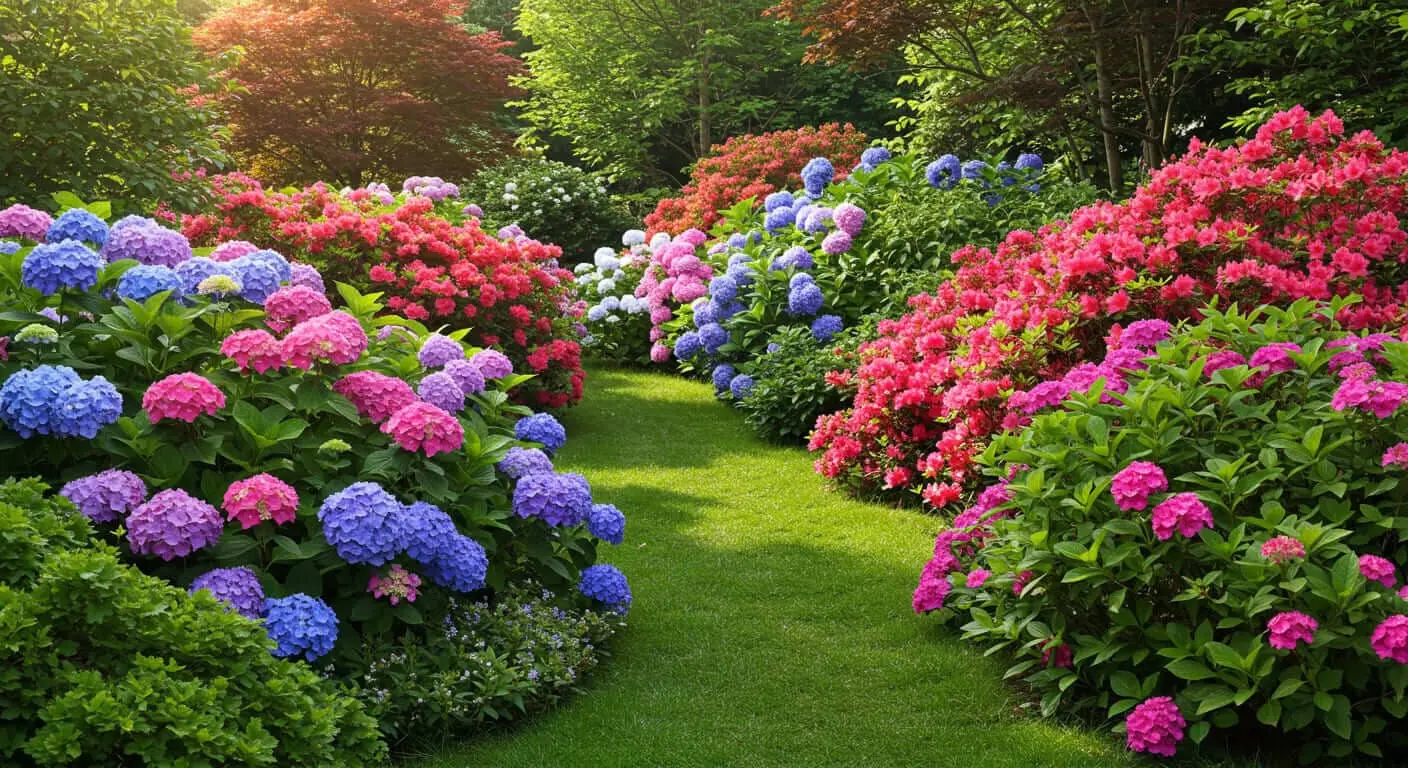 A garden with blooming Hydrangeas, Azaleas, and Lilacs, showcasing vibrant flowering bushes.