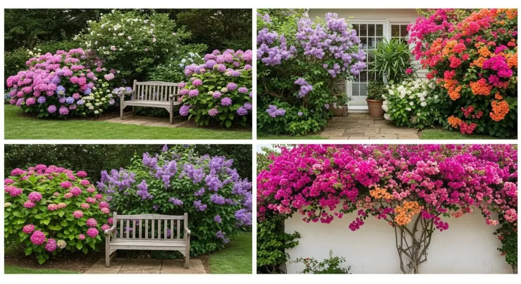 Various flowering bushes like Hydrangeas, Lilacs, and Bougainvillea in a garden setting.

