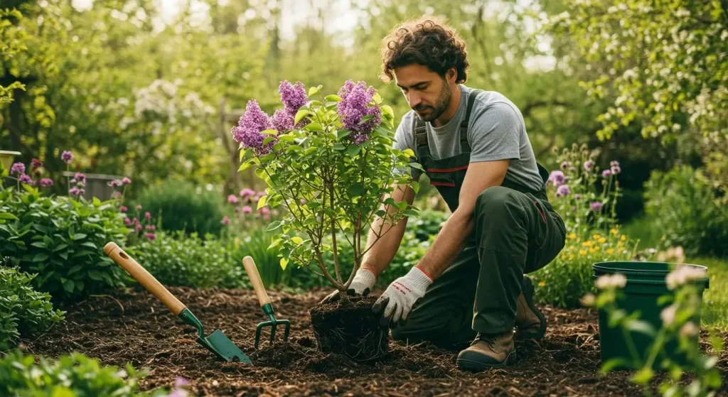 A gardener planting a flowering bush in well-drained soil under the sun.

