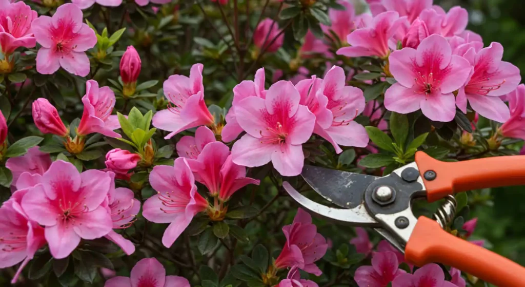 Close-up of an Azalea bush with bright flowers, showcasing deadheading and pruning techniques.

