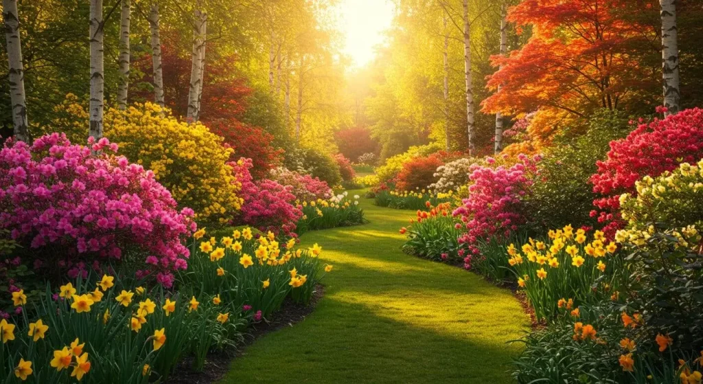 A garden showcasing flowering bushes that bloom in different seasons, including spring, summer, and fall.

