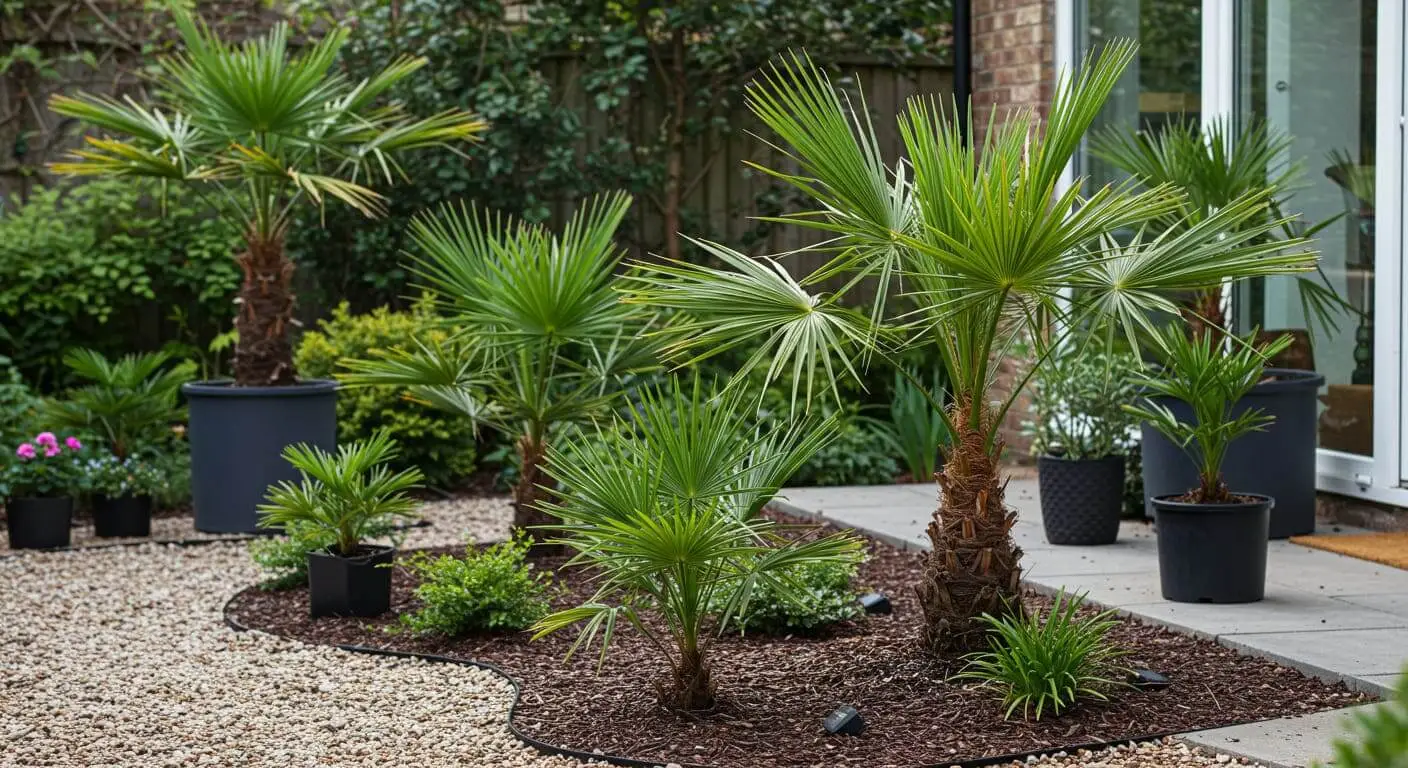 Small palm trees in a garden with a patio in the background, bathed in sunlight.