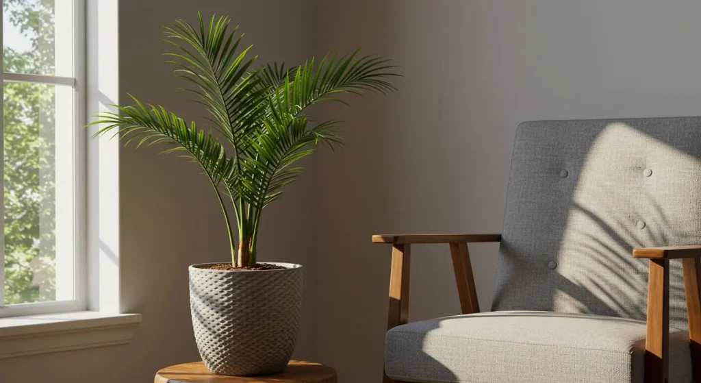 Small palm tree in a cozy indoor setting near a window.