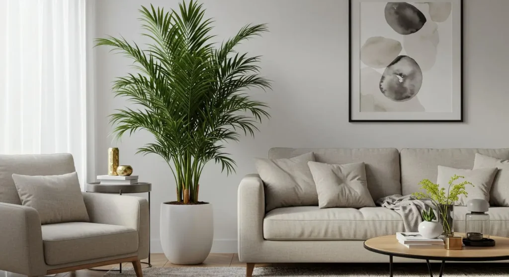 Areca palm placed in a living room to brighten the space.