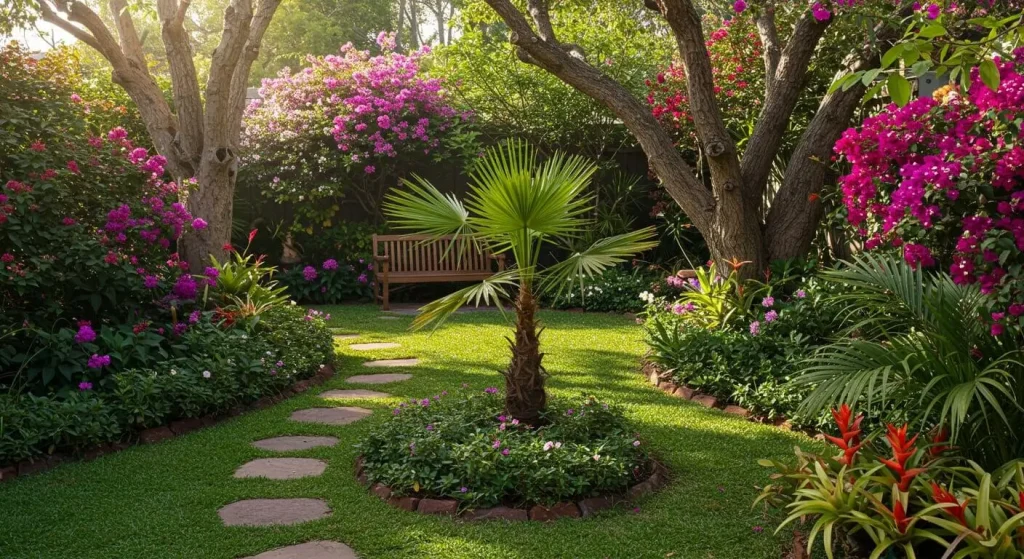 Small Pygmy Date Palm in a vibrant outdoor garden.