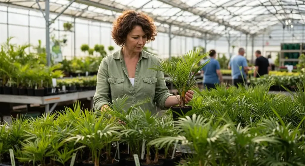  Homeowner choosing a small palm tree at a garden center.