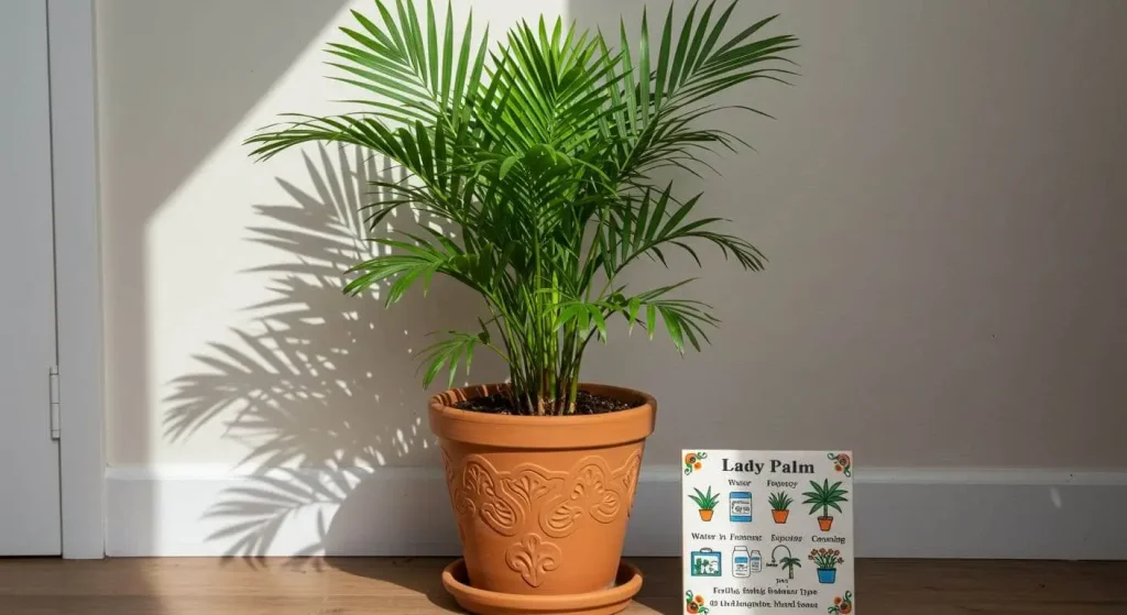 Care instructions next to a Lady Palm tree in a decorative pot.