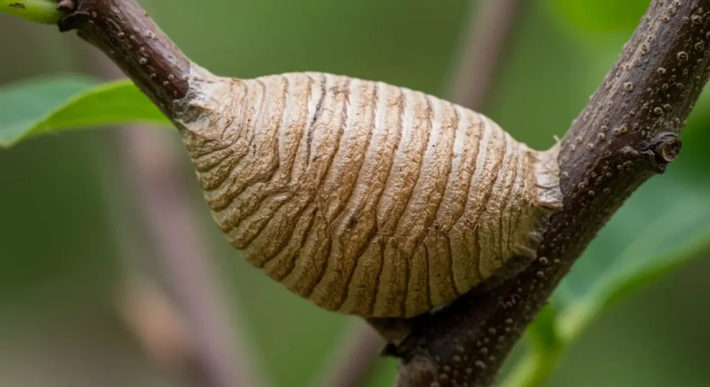 Praying mantis egg case (ootheca) attached to a tree branch in a garden.