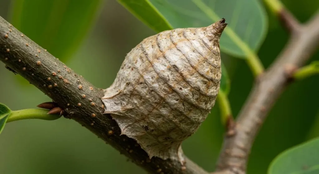 Close-up of praying mantis egg sac (ootheca) attached to a tree branch.