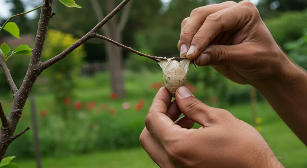 Gardener collecting praying mantis egg sac from a tree branch.