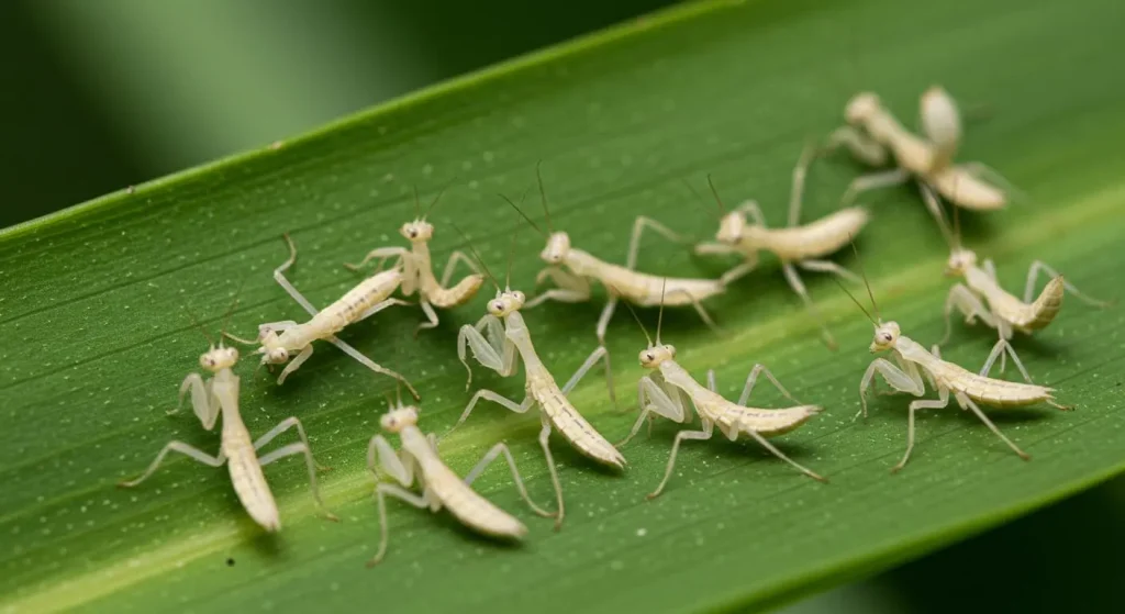  Newly hatched praying mantis nymphs on a leaf.