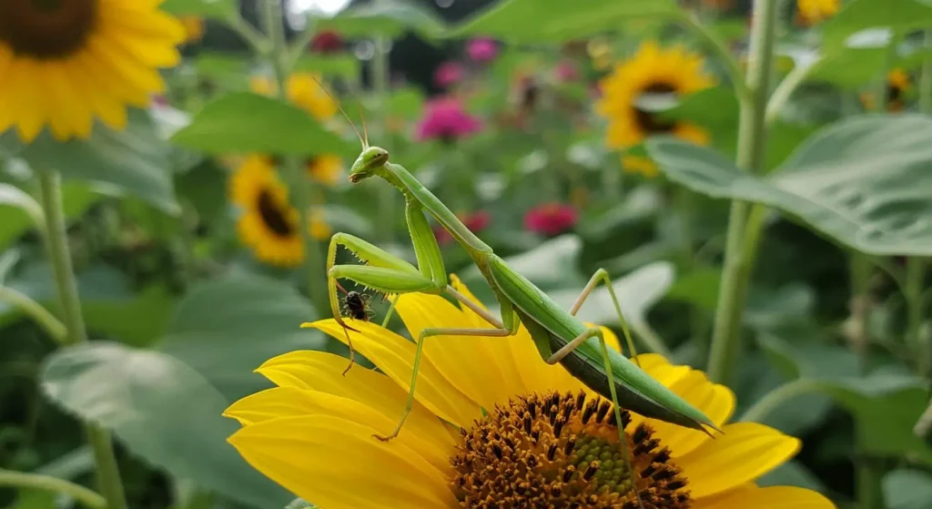 Praying mantis hunting in a garden.