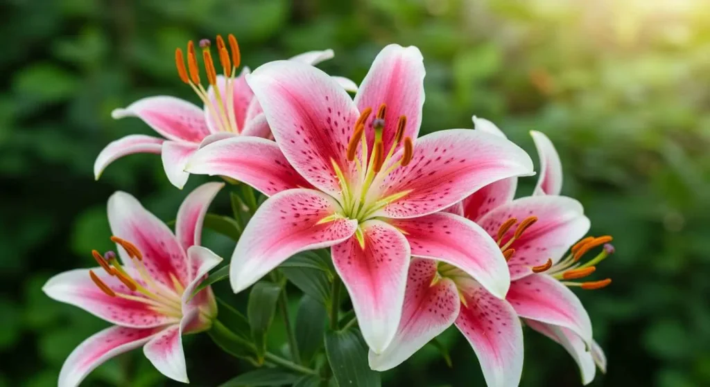 Close-up of blooming Oriental lilies with pink and white petals in a green garden.