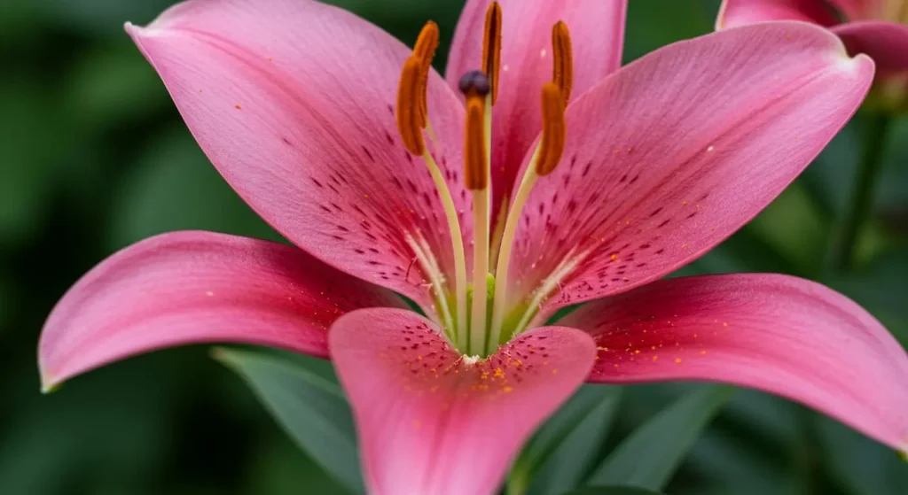 Close-up of an Oriental lily bloom with intricate petals and vibrant color.