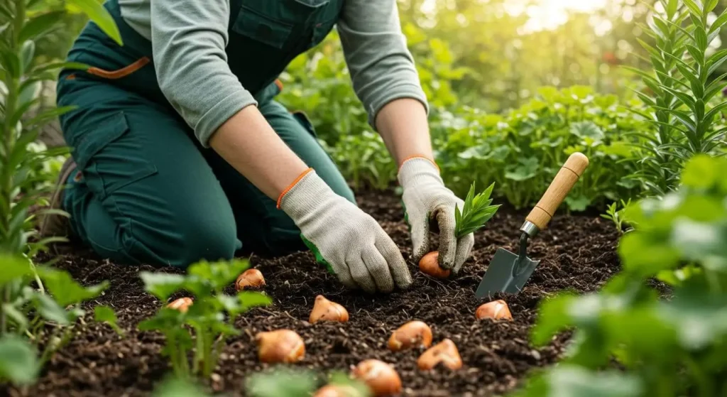 Gardener planting Oriental lily bulbs in well-draining soil