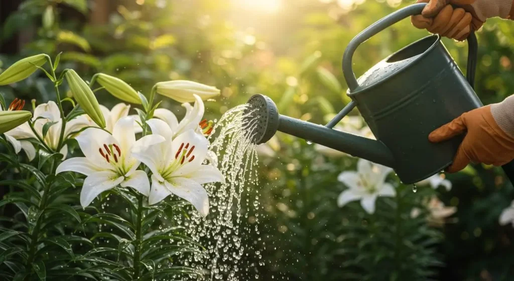 Watering an Oriental lily plant for healthy growth and vibrant blooms.