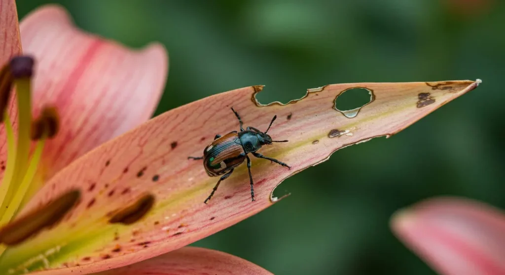 A lily beetle feeding on an Oriental lily leaf, causing damage to the plant.