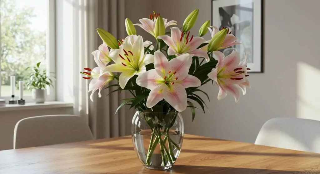 A vase of cut Oriental lilies arranged as a bouquet indoors.