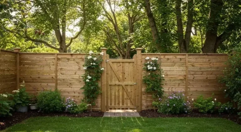 Sturdy wooden DIY garden fence with flowers and greenery