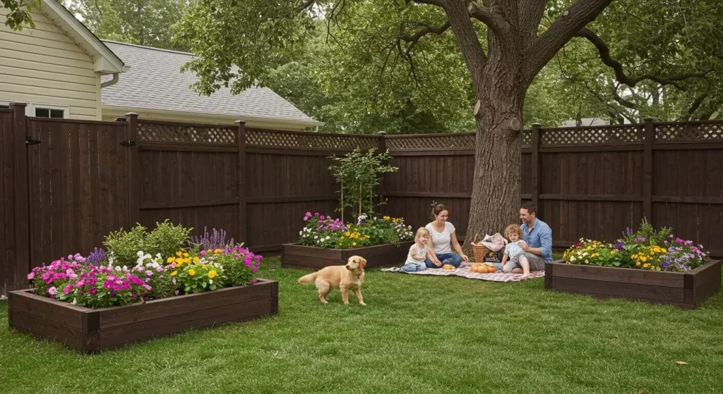  Wooden DIY garden fence providing privacy and safety for a family and garden

